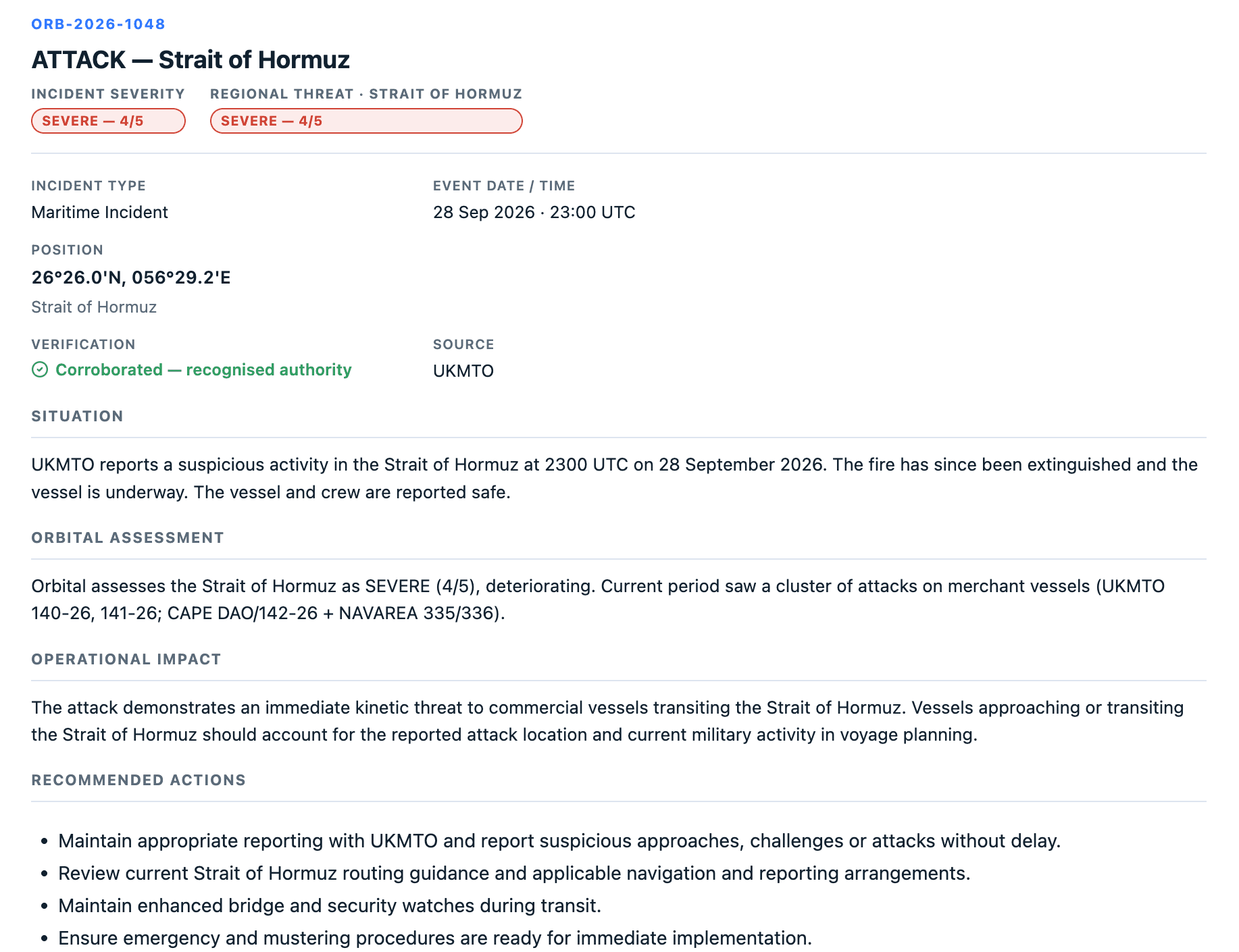 Orbital incident detail view for a Strait of Hormuz maritime incident
