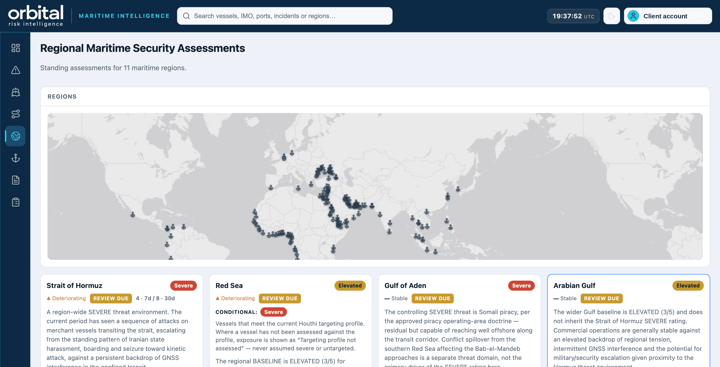 Orbital regional maritime security assessments across maritime regions